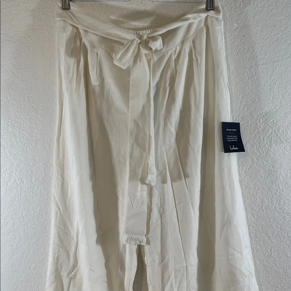 Lulus White Linen Blend with Bow Belted High-Waisted Wide-Leg Pants Size XL NEW - Picture 2 of 9
